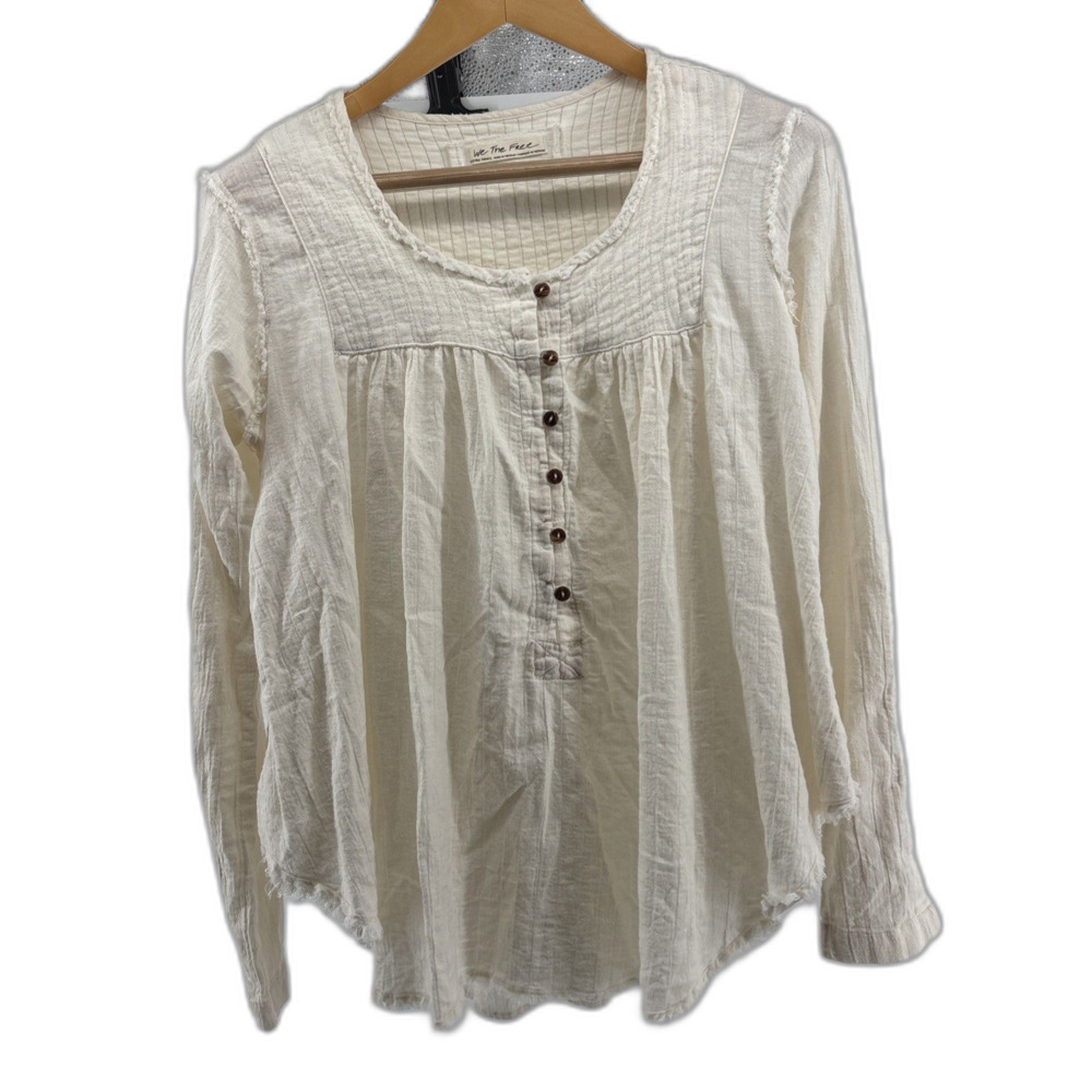 Free People Sand Dune Henley Top Ivory XS Long Sleeve Gauzy Beach Boho